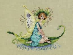 Graceful grey linen with dmc floss, kreinik #4 braid and mill hill beads. Pond Lily Cross Stitch Pattern By Nora Corbett