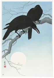 Bird On Tree Branch Painting Two Ravens Art Print Black Birds On Tree Branch With Blue Etsy In 2020 Japanese Woodblock Printing Crow Art Japanese Prints