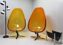 Pair Vintage Atomic Acrylic Lucite Orange Egg Chairs With Base I B Eero Aarnio Swinging Chair Egg Chair 70s Furniture