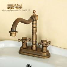 Antique Brass 4 Inch Centerset Bathroom Faucet Lavatory Vessel Sink Basin Faucets Mixer Taps Cold Hot Water Tap Vintage Style Water Tap Bathroom Fixtures Sink