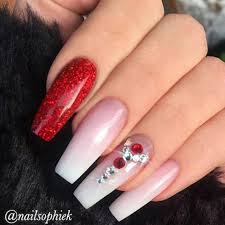 Tapered Square Nails Christmas Nails Red Glitter Nails Nails With Rhinestones Ombre Nails Acrylic Red Nails Glitter Tapered Square Nails Rhinestone Nails To start off, paint all the nails white for the base.