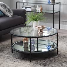 Belham Living Lamont Round Coffee Table Black From Hayneedle Com Black Glass Coffee Table Round Glass Coffee Table Round Coffee Table Decor