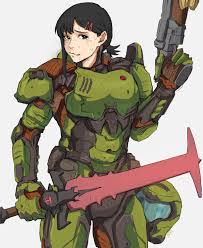 yoracrab, doomguy, higashiyama kobeni, pochita (chainsaw man), chainsaw  man, doom (series), doom eternal, highres, 1girl, 1other, cosplay,  crossover, crucible (doom), crying, crying with eyes open, doomguy  (cosplay), double