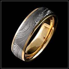 Starlight Damascus Steel Wedding Ring With 18k Royal Yellow Gold Channel Damascus Steel Wedding Band Damascus Steel Ring Titanium Wedding Rings