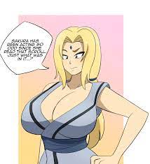 kobi-tfs, tsunade (naruto), naruto (series), absurdres, highres, 1girl,  blonde hair, breasts, cleavage, collarbone, english text, forehead jewel,  green eyes, hand on own hip, huge breasts, japanese clothes, long hair,  ponytail, sleeveless, solo,