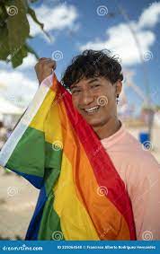 Portrait of Young Hispanic Gay Boy Looking at Camera, Holding LGBT Flag -  Focus on Face Vertical Imagin Stock Photo - Image of individual, defense:  225064540