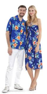 Couple Matching Hawaiian Luau Cruise Party Outfit Shirt Dress In Hibiscus Blue Hawaiian Outfit Hawaiian Party Outfit Tropical Outfit