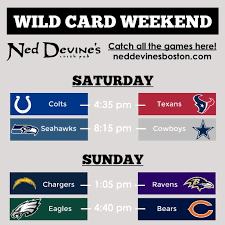 The schedule includes the matchups, date, time, and tv. Wild Card Weekend Join Us This Weekend To Catch All The Wild Card Games First Game Starts Today At 4 35pm Wildcardweekend Ned Devine S Irish Pub