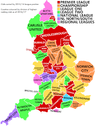 Where are all 20 premier league teams located. Map Showing The Best Club From Each English County Accorded To Their 2015 16 League Positions Soccer