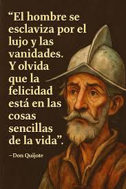 EI hombre se esclaviza por el lujo y las vanidades. Y olvida que la  felicidad está en las cosas sencillas de la vida". -Don Quijote