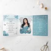 Elegant Photo Spanish Green Rose Gold Quinceanera Tri-Fold Invitation