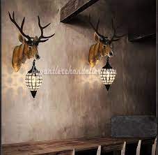 Deer Head Wall Mount Sconces Crystal Pendant Light Lamps Faux Taxidermy Sculpture Natural Color Wall Mounted Sconce Wall Lamp Crystal Pendant Lighting