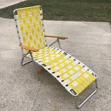 Vtg Aluminum Chaise Lounge Folding Beach Lawn Chair Plastic Webbing Wood Handles Ebay Lawn Chairs Lawn Chaise Chaise Lounge