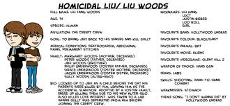 She is a young female spirit who was killed by her uncle. Homicidal Liu Reference Sheet The Creepy Crew By X Lady Creepypasta X On Deviantart