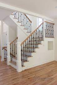 Natural Oak Hardwood Floor With Matching Natural Oak Treads Paired With Alternating Double And Single Box House Stairs Stair Railing Design Staircase Remodel
