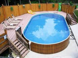 Pools Traditional Above Ground Pool Decks With Small Wood Staircase Chaise Lounge Chairs Colorful Floating Pool Deck Plans Swimming Pool Kits Portable Pools