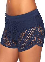 Woldgirls Women S Plus Size Side Split Waistband Swim Shorts With Panty Liner Blue Hollow Plus Size Swimwear Swimwear Shorts Crochet Swimwear