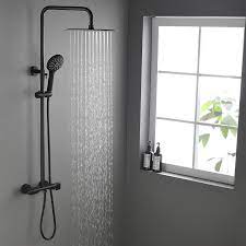 Contemporary Exposed Shower System Thermostatic Shower Faucet Matte Black Solid Brass Rainfall Shower Head Hand Shower Contemporary Shower Rainfall Shower Head Shower Heads