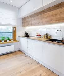 Minimalist Scandi Kitchen With Wooden Upper Cabinets Simple Kitchen Cabinets Simple Kitchen Design Modern Kitchen Design
