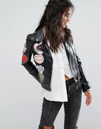 Buy It Now Glamorous Faux Leather Biker Jacket With Embroidered Heart Patches Black Bik Chaqueta Cuero Mujer Chaquetas De Cuero Femeninas Chaqueta De Cuero