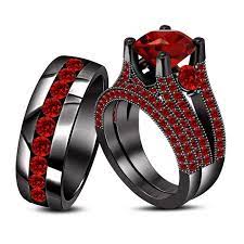 Hot Sale Couple 3 Pc Her 925 Sterling Silver His Wedding Trio Ring Set W Garnet Black Gold Ring Wedding Ring Trio Sets Black Gold Jewelry