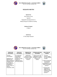 Tagalog lesson #6 (endearing statements). Research Matrix Filipino