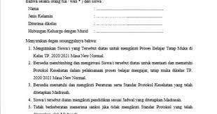 Berikut adalah contoh surat ijin pembelajaran tatap muka yang bisa anda dowload dan dijadikan rujukan, catatan bahwa surat ini tidak boleh menggunakan kop sekolah, dan ada klausul tentang orang tua mengijinkan atau tidak. Contoh Surat Pernyataan Orang Tua Wali Murid Memberikan Izin Untuk Belajar Di Masa New Normal Admin Bawean