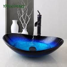 Yanksmart Uns Bad Runde Blau Aus Gehartetem Glas Oval Waschbecken W Orb Geburstet Wasserhahn Waschbec Waschbecken Abfluss Glaswaschbecken Waschbecken Armaturen