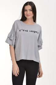 Kollari Volanli Yarim Kol Tisort Buz Grisi Kisa Kol Kadin T Shirt