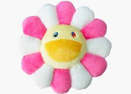 The double sided cushion features a happy smiling murakami flower on the front and a sleepy murakami flower on the reverse. Takashi Murakami Flower Plush 30cm Pink White Yellow