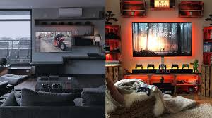 The material for your tv stand or home media center should mimic or contrast the other pieces of furniture in your living room. Best Gaming Entertainment Centers Tv Stand Setup Ideas Gridfiti