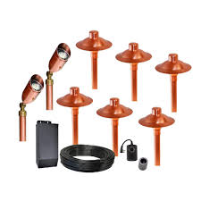 P M Lighting Professional Series Low Voltage Brushed Satin Copper Outdoor Led Landscape Path Light And Spot Light Kit 8 Pack Cs8100p Led The Home Depot