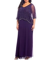 Jkara Plus Size Sequin Beaded V Neck 3 4 Sleeve Popover Gown