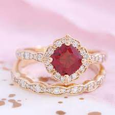 Bridal Set Vintage Floral Ruby Engagement Ring And Scalloped Diamond Wedding Band In 14k Rose Gold 6x6mm Cultured Red Ruby July Birthstone Diamond Wedding Bands Vintage Engagement Rings Bridal Ring Sets