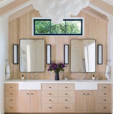 Natural Wood Double Sink Vanity With White Countertops And Black Hardware Simo Design Bathroom Mirror Design Beautiful Bathrooms Contemporary Design