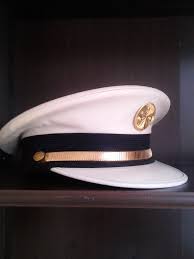 Vintage 50s White Patent Leather Fireman Sailor Captain Hat Cap Gold Trumpet Emblem Black Trim Made In The Usa S Nautical Fashion Sailor Captain Patent Leather
