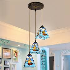 Puzhi home industrial pendant light, vintage nautical barn pendant lighting kitchen island light with rustic dome bowl shape mounted fixture for farmhouse. Stained Glass Ship Hanging Light With Craftsman Shade 3 Lights Nautical Style Island Pendant In Blue For Kitchen Beautifulhalo Com