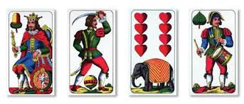 The number cards go up to seven, and then there is the equivalent of a young lady/princess, a cavalier, and the king. Italian Playing Cards