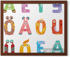 A digital tutorial for ancient greek based on john william white's first greek book · lesson 1: Vowels Of The Latin Alphabet Like Different Monsters There Are Vowels Of The Latin Alphabet With Eyes Mouths And Ears The Letters Belong To English Polish And German Alphabet Framed Poster