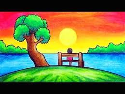 How To Draw Easy Scenery Drawing Beautiful Sunset Scenery Step By Step With Oil Pastels 1000 In 2020 Easy Nature Drawings Drawing Scenery Drawing Sunset