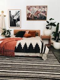 Black And White Boho Rug Bohemian Style Bedroom With Orange Accents And Striped Black And White Rug Homedecordiy Boho Bedroom Design Home Decor Bedroom Bohemian Bedroom Decor
