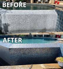 After months or years of pool use, depending on water chemistry or hardness in your area, the pool perimeter tile may start to show a buildup of scum made up of calcium deposits, algae, or other. Pool Tile Surface Cleaning With Dustless Blasting Willsha Pools