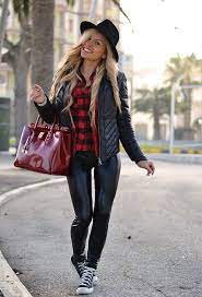 Women S Black Quilted Biker Jacket Red Gingham Dress Shirt Black Leather Leggings Black Low Top Sneakers Dresses With Leggings Fashion Fashion Diva Design