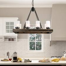 Lnc Farmhouse Kitchen Linear Wood Chandelier 8 Light Black Island Pendant Light With Gold Glitter And Frosted Glass Shades A03487 The Home Depot