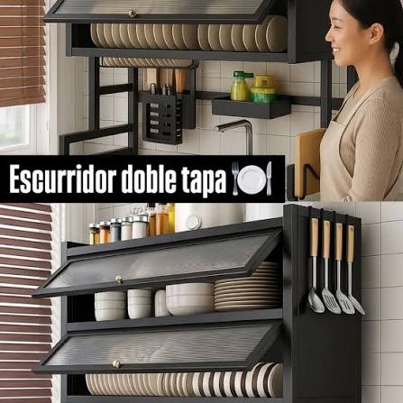 Escurridor doble tapa 65cm* *35$* Ahorra espacio y mantén tu cocina siempre  ordenada. Ideal para colocar sobre el lavaplatos, con compartimentos para  platos, vasos, especias y utensilios. Diseño moderno, resistente y elegante