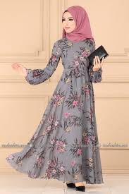 balon kol tesettur elbise 6242yg95 gri si fon elbi se elbise uzun elbi se