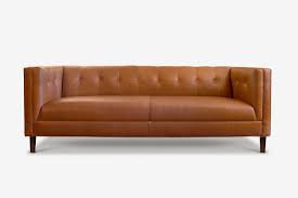 Features dark walnut linear sides with spring loaded tufted back and one long seat cushion. Holiday Mid Century Tuxedo Sofa In Brown Leather Of Iron Oak
