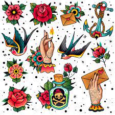 Traditional mandala tattoo flower flash print a3. Old School Traditional Tattoo Flash Colored Icons Pack With Swallow Rose Heart Hands Flowers Anchor Skull Bottle With Potion Symbols Isolated Vector Illustration Royalty Free Cliparts Vectors And Stock Illustration Image 139708114
