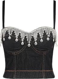 JOQWJPOIJ Little Tank Top with Fringe and Diamonds for Women Slim-fit Denim Party Top with Wrap Top for Women(38C) at Amazon Women's Clothing store - Product from Amazon.com