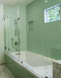 Most Popular Green Glass Subway Tiles With White Rectangular Porcelain Tub And Freestanding Showe Green Bathroom Patterned Bathroom Tiles Guest Bathroom Design